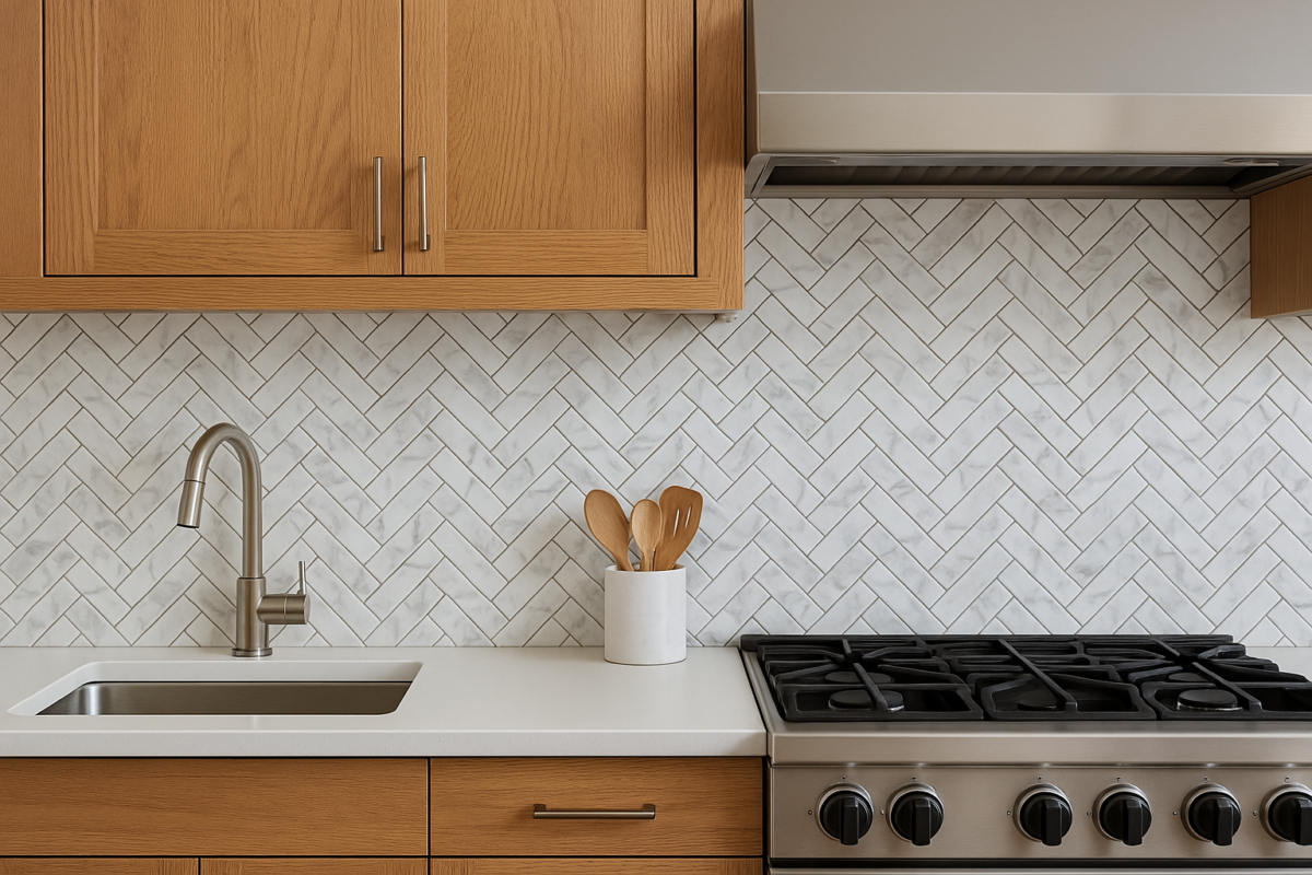 M50326 scene2 HERRINGBONE WHITE/CARERRA MARBLE 12"X12" - Image 1