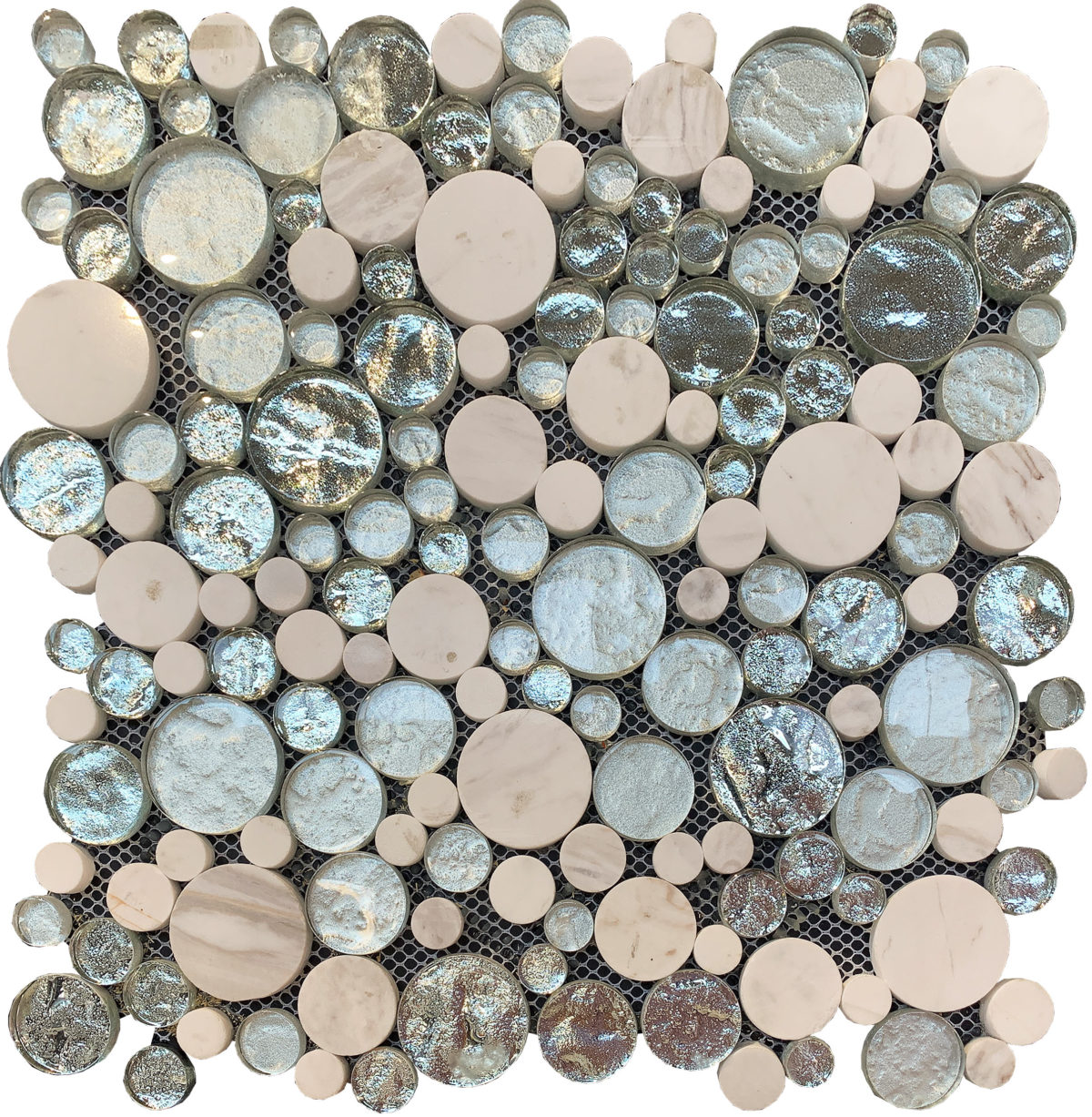 M50344_MOSAIC DUARA WHITE CARRARA MARBLE/AQUA/SILVER 12"X12" - Image 1