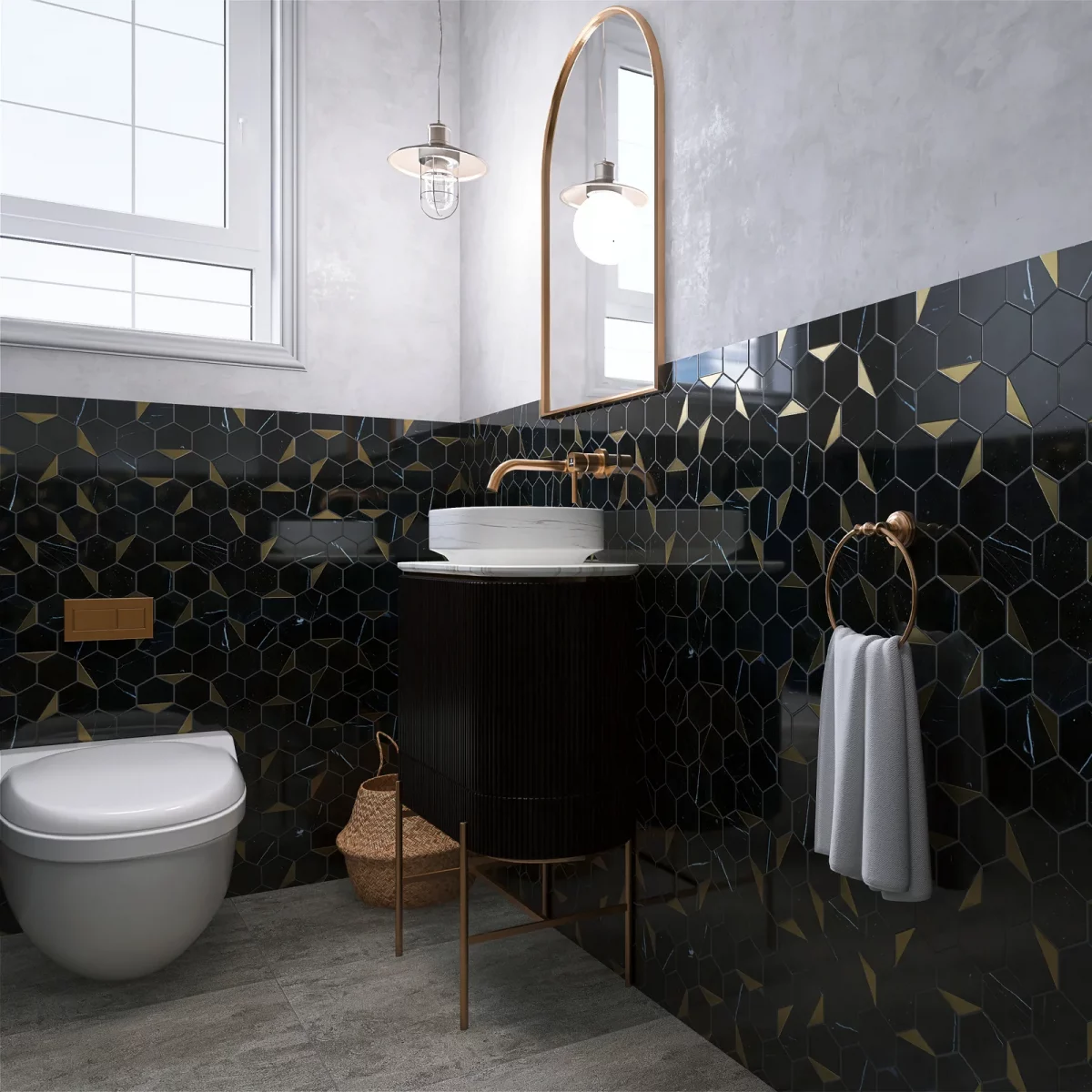 Natural+Bianco+3+3_+Marble+Honeycomb+Mosaic+Wall+Tile PANAMERA GOLD NERO/GOLD 12"X12" - Image 3